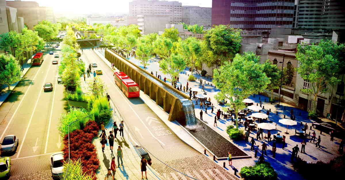 Vista nocturna de desarrollo urbano mixto